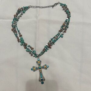 Turquoise and Brown Beaded Cross Necklace